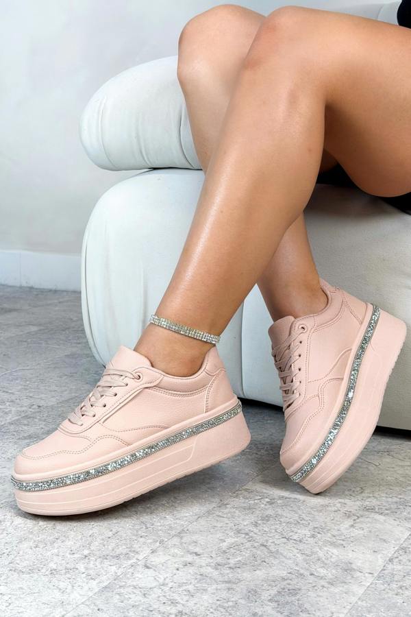 Crystal Diamante Trim Platform Trainers Pink, bringing attention to classic platform style with crystal embellished trim detail