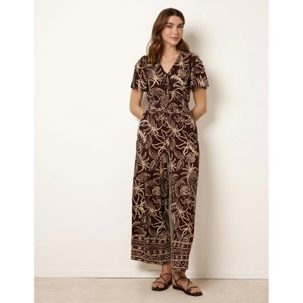 Blue Vanilla Tropical Print Shirred Waist Elasticated Round Neck Jumpsuit