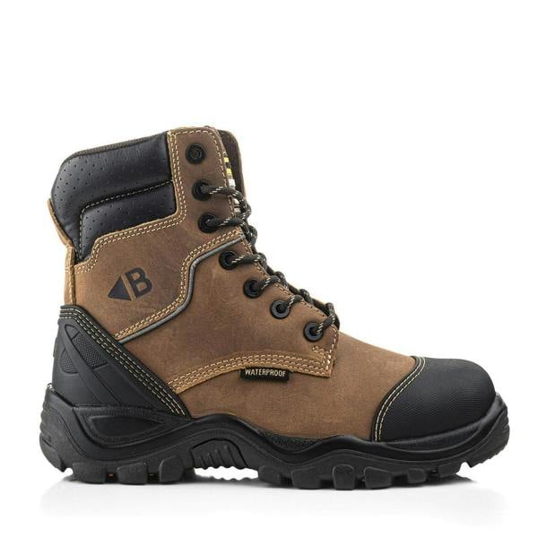 Buckbootz BSH008 Buckshot Mens High Leg Zip Up Safety Boots, rugged brown waterproof safety boots with black sole, ankle support, and zip-up closure for work safety and durability.