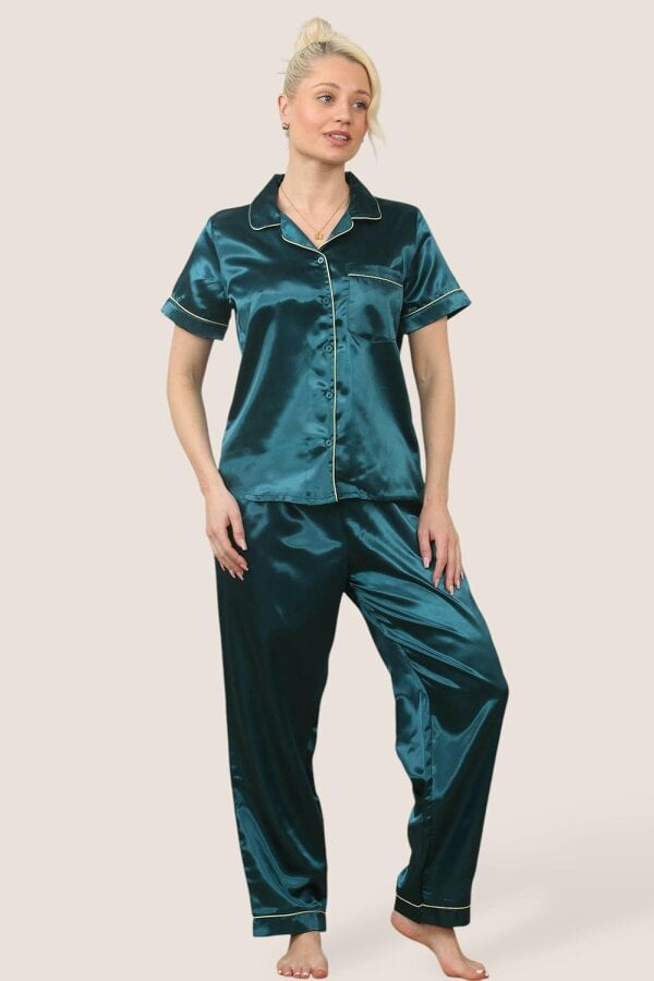 Luxe Satin Short Sleeve PJ Set – TEAL BLUE