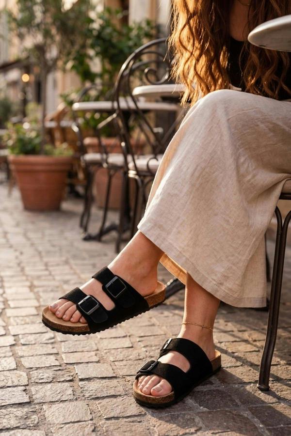 Harper Womens Double Buckle Cork Slide Sandals - JET BLACK