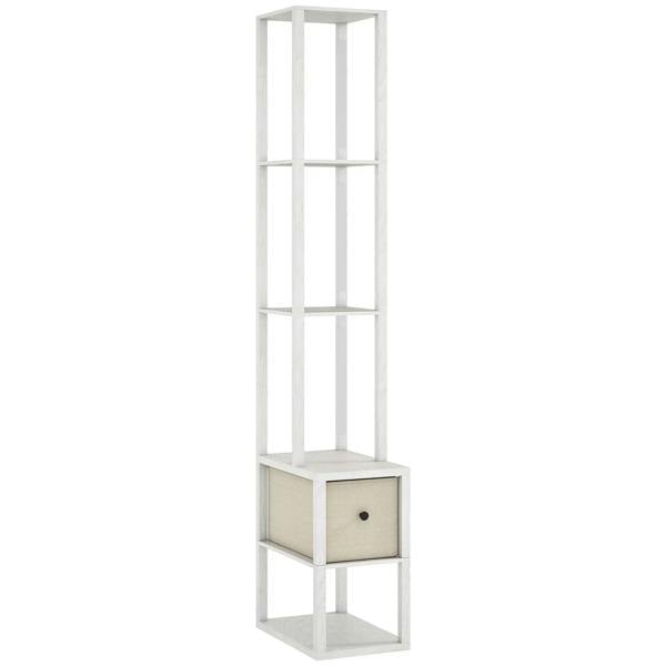 White floor lamp with open shelves and beige fabric drawer, tall column design