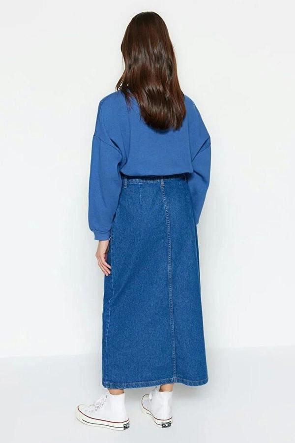 WOVCOR Double Pocket High Waist Maxi Denim Skirt with Button Detail