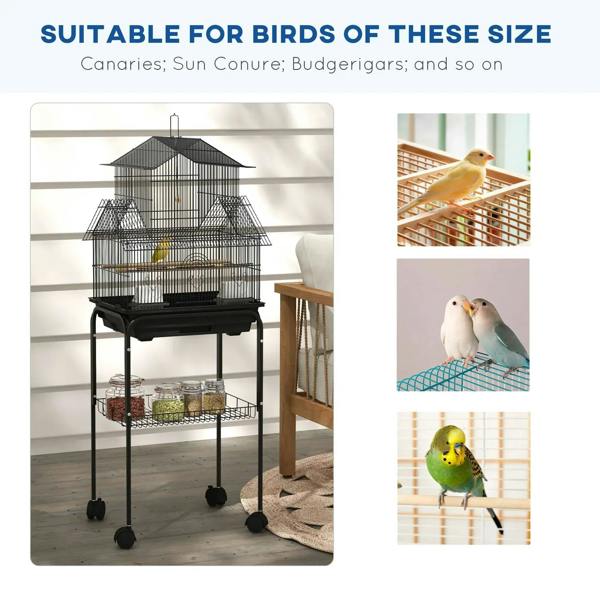 Black metal birdcage on stand with perches and plastic swing for small birds