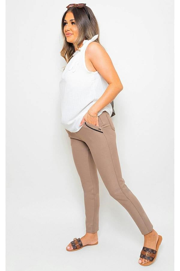 Carmela High Waist Double Band Pocket Leggings - Taupe