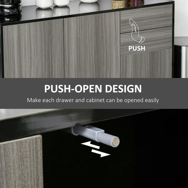 Light grey side cabinet panel with push-open style drawer and cabinet openings