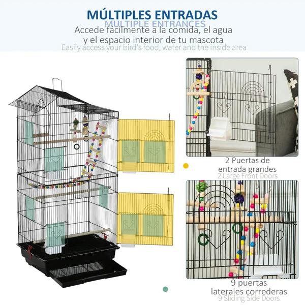 Bird cage with multiple front and side doors and sliding tray base