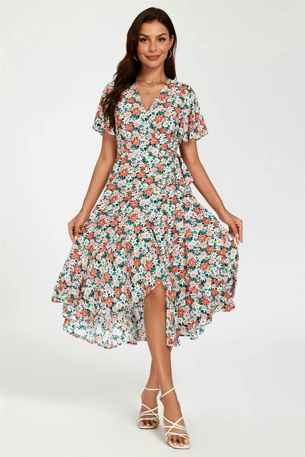 FS Collection Daisy Print Midi Wrap Dress In Pink