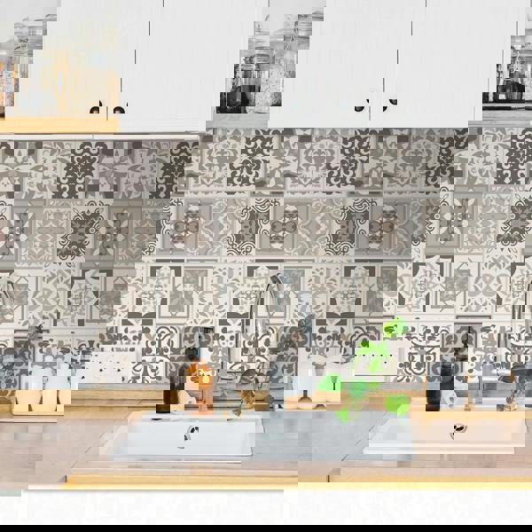 WT1570 - Noor Light Brown and Beige Mediterranean Wall Tile Sticker Set - 15 cm x 15 cm - 24 pcs