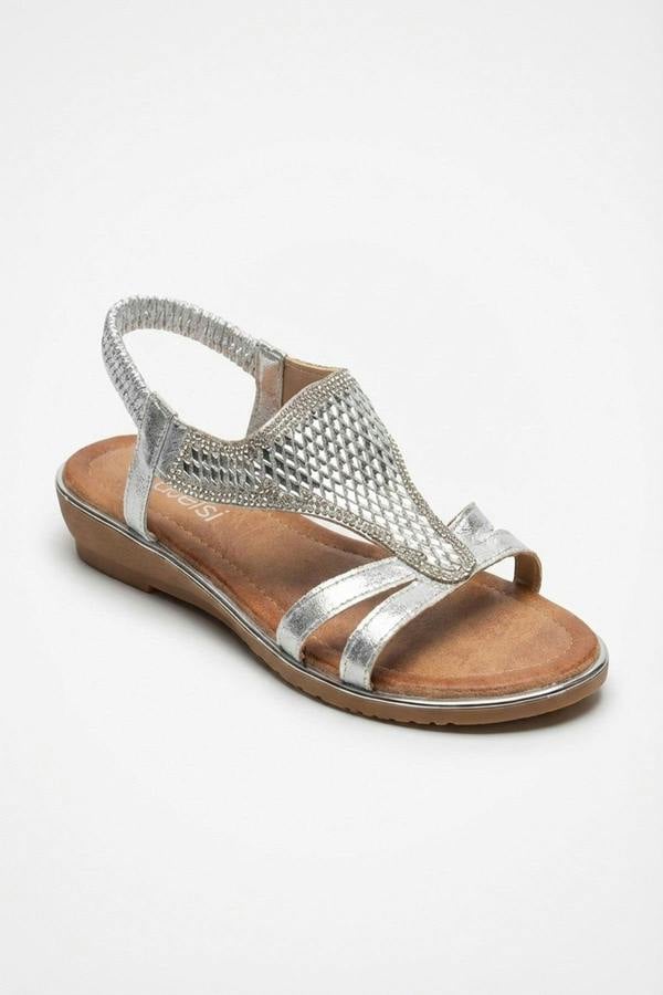 Amelia Womens Rhinestone Strappy Flat Sandals - Silver