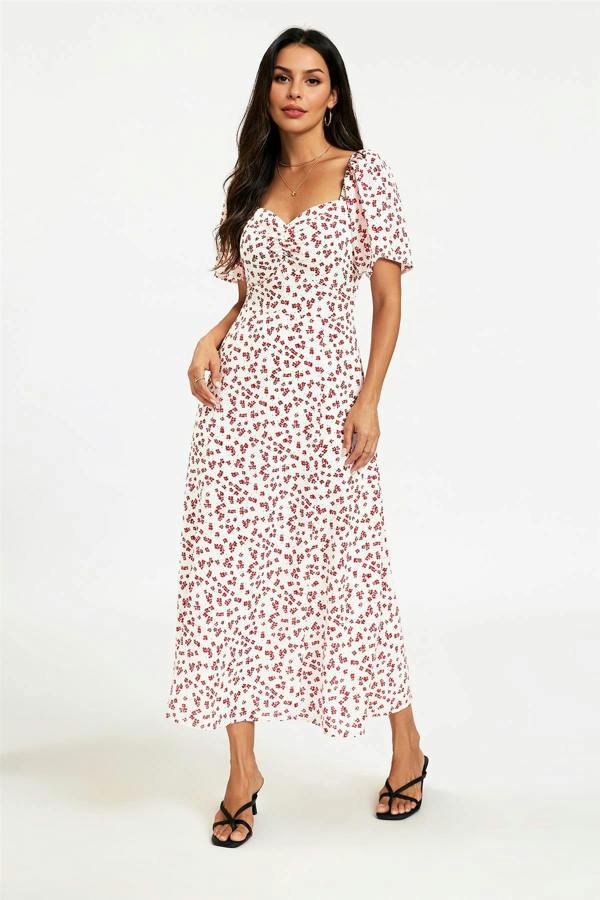 FS Collection Floral Print Angel Sleeve Heart Neckline Midi Dress In White