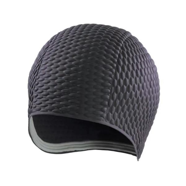 Black BECO latex bubble cap with quilted texture and adjustable strap