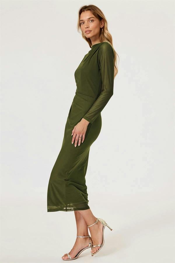 FS Collection Long Sleeves Mesh Midi Dress In Olive