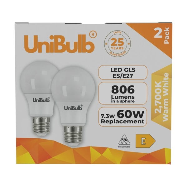 UniBulb LED GLS E27 806lm 7.3W 2700K (Warm White) Light Bulb - Pack of 2 front