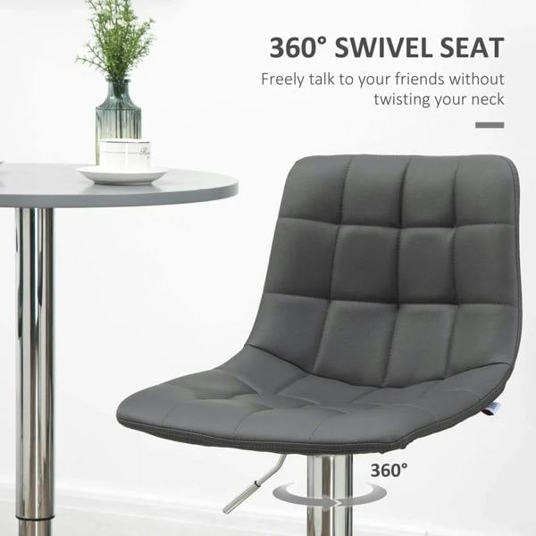 Grey tufted swivel bar stool with 360° rotating seat and cushioned backrest