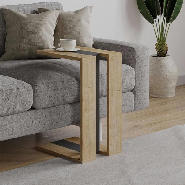 Decortie Muju Modern C Shape Table Oak Effect Gold Marble Effect Mocha Grey Multipurpose  H 57cm