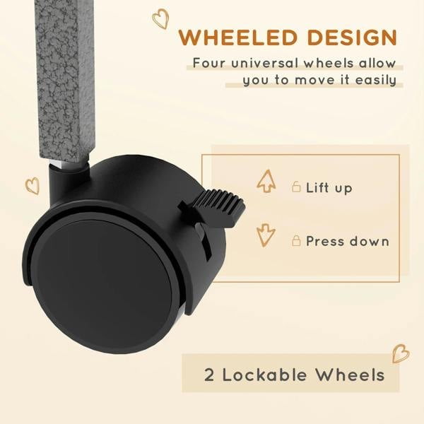Wheeled grey small animal cage with lift-up wheel and locking mechanism (2 lockable wheels).