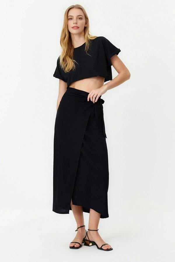 WOVCOR Double Breasted Maxi Length Woven Skirt with Tie Detail