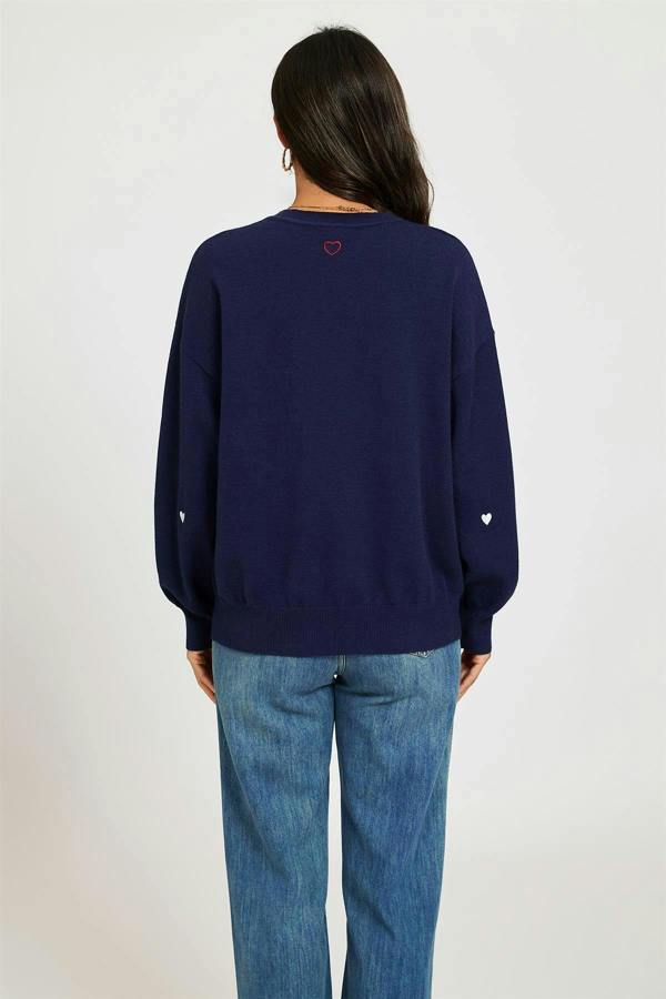 FS Collection Embroidery White Heart V Neck Jumper In Navy