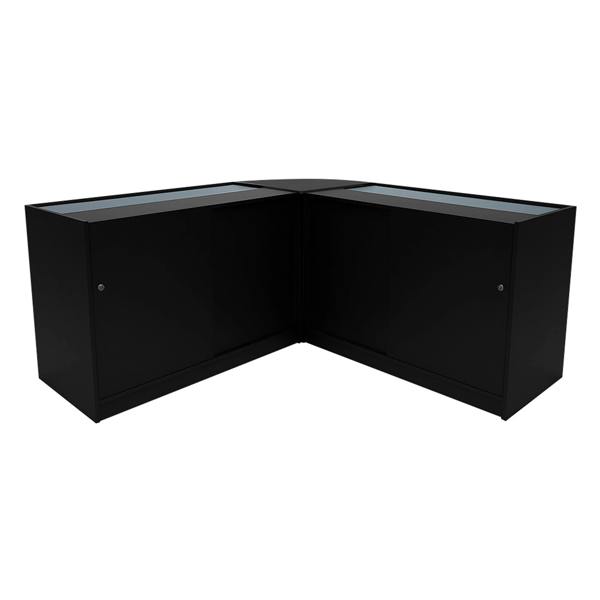 Theseus LED shop counter set in sleek black, featuring two B1200 display cabinets with glass tops and modern design elements
