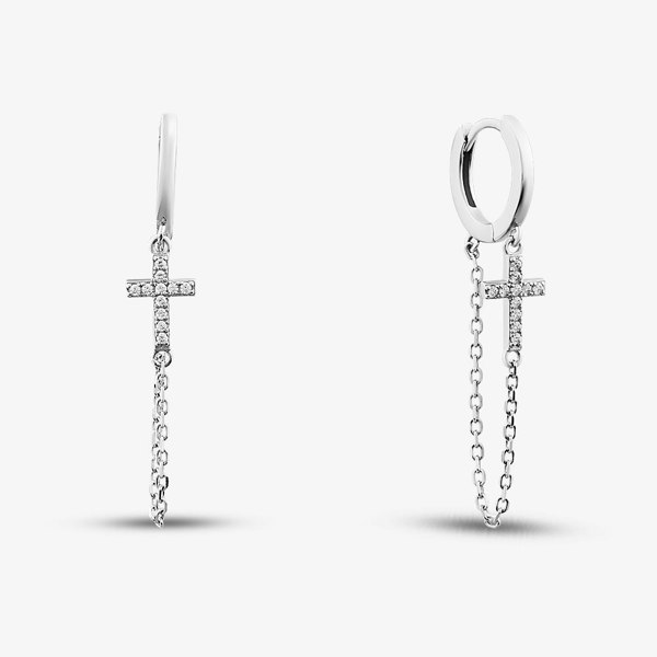 T. H. Baker Sterling Silver Rhodium Plated Cubic Zirconia Chained Cross Creole Earrings  8.54.5086