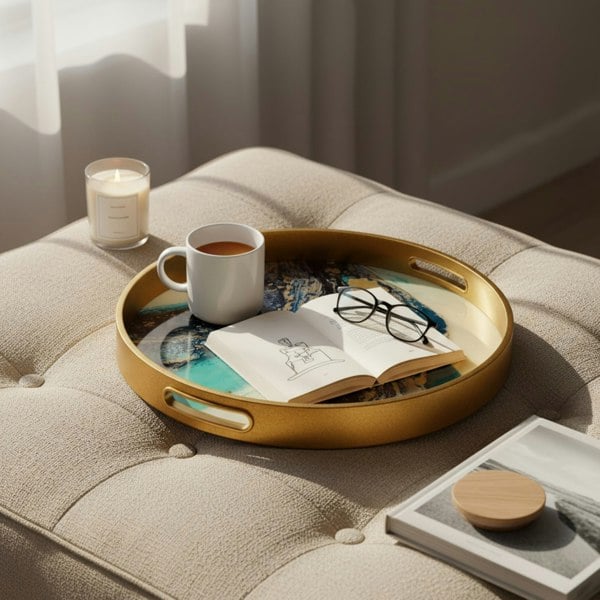 Maison des Cadeaux Round Gold Agate Theme Coffee Table Tray