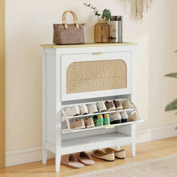Bobobiy Narrow Shoe Cabinet, Boho Slim Shoe Storage Cabinet with 2 Flip Drawers, Holds 14 Pairs, White