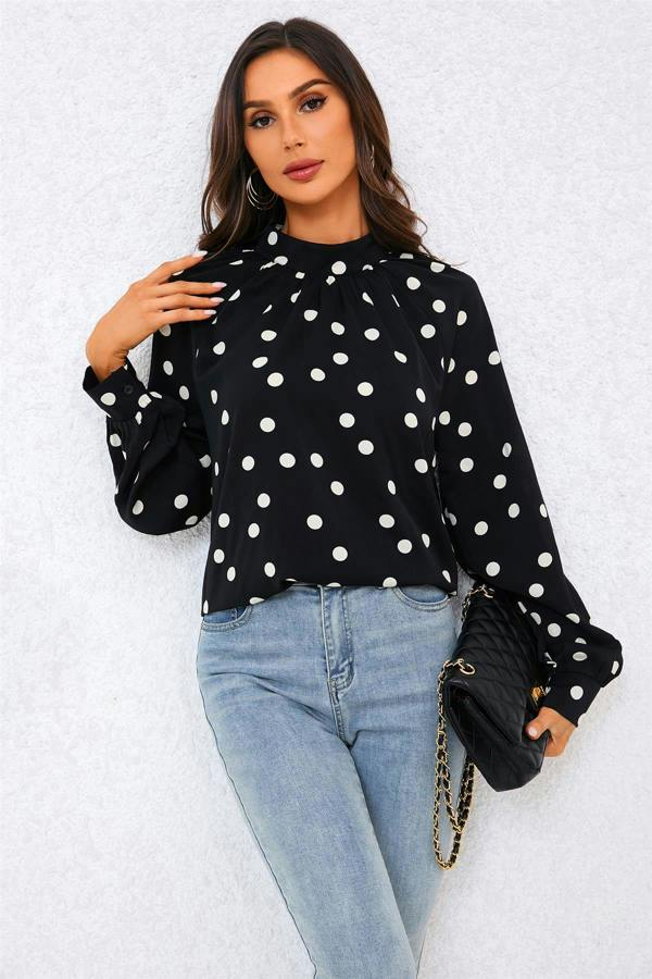 FS Collection Black Dot Print Halter Neck Blouse Top In Black
