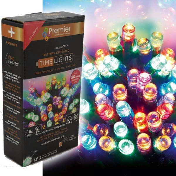 Samuel Alexander 100 LED 10m Premier Christmas Indoor Outdoor Multi Function Battery Operated String Lights with Timer in Multicoloured