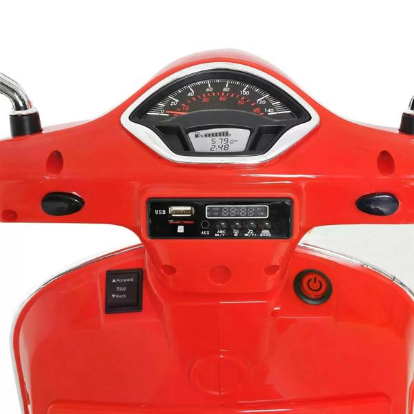 Red 6V ride-on motorcycle instrument panel with LCD display, USB port, and buttons