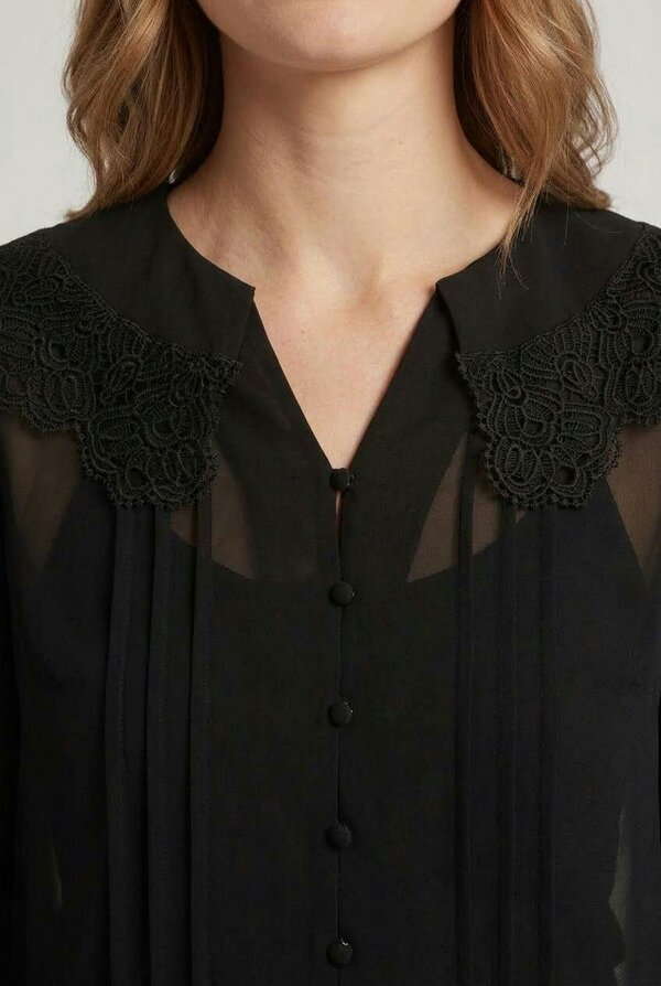 Izabel London Lace Trim Collared Semi Sheer Shirt