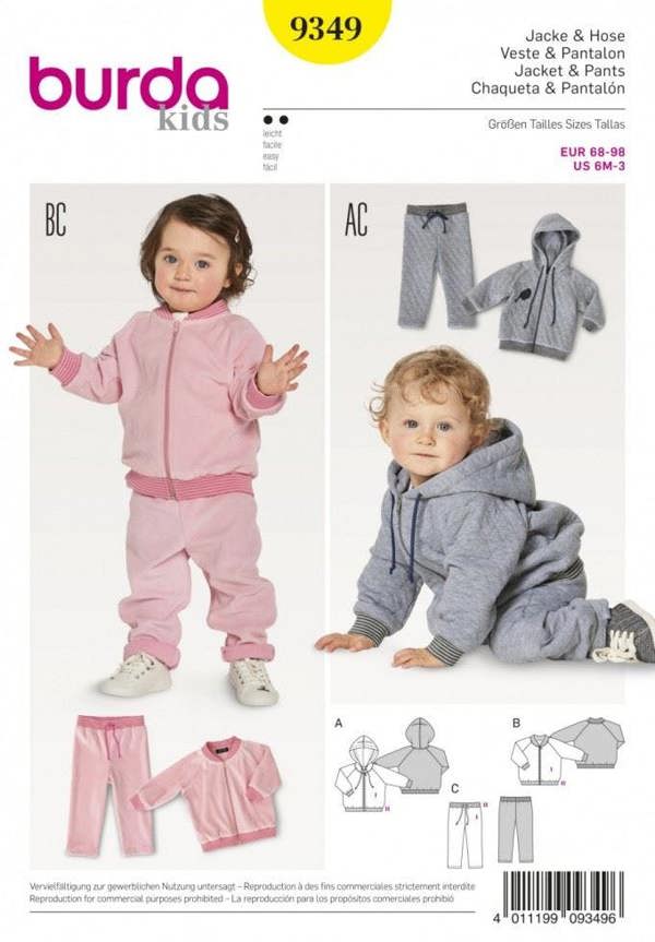 Burda Sewing Pattern 9349 Hoodies, Jackets and Trousers For Babies and Kids, 6 Months - 3 Years - Easy