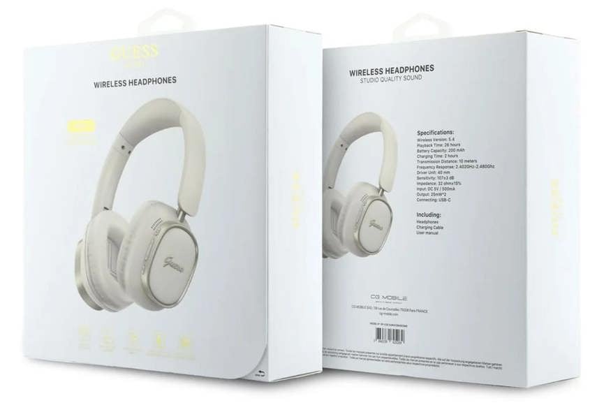 Guess Rectangle Metal Script Logo ENC On Ear Wireless Headphone White - GUBHV28HGCSME