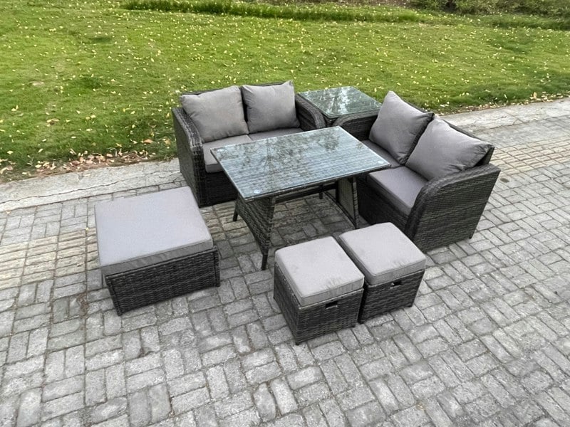 Fimous 7-Piece Rattan Garden Furniture Set - Dark Grey Mixed Wicker Patio Sofa Conversation Set with 3 Footstools & Side Table
