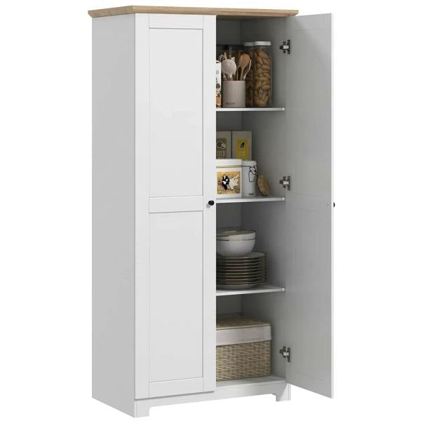 White freestanding kitchen cupboard with two doors, interior shelves, and wood-look top