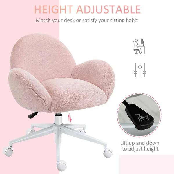 Pink plush vanity chair with height-adjustable swivel base and rolling wheels