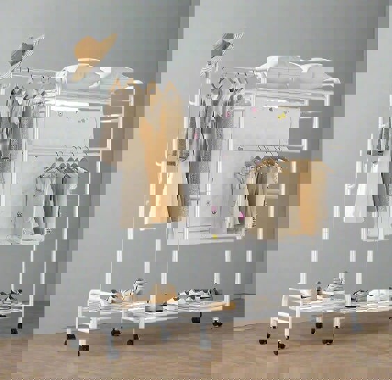 Modcraft Heavy Duty Metal Clothes Rail Rack with Double Hanging Rods, Storage Shelves & Wheels – White