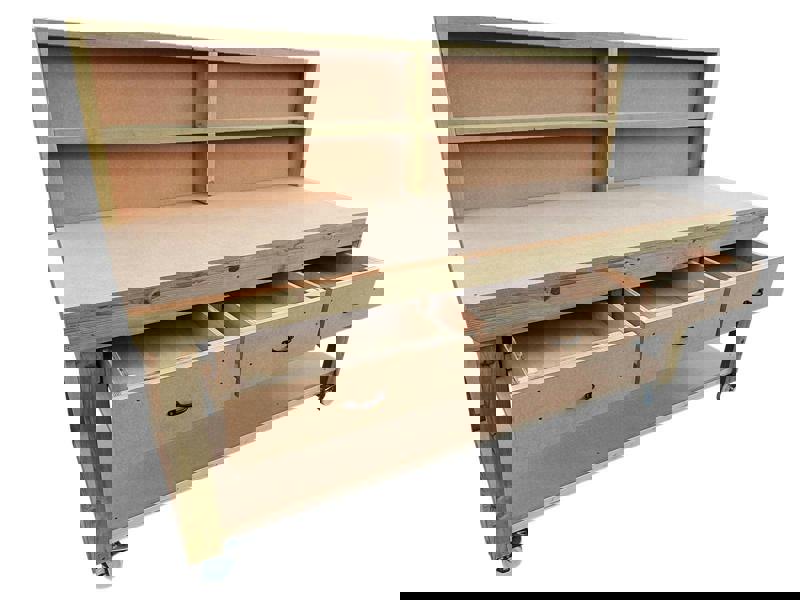 Wooden MDF Top Workbench – Mobile Tool Cabinet with Drawers, Back Panel and wheels, Ideal for Dry Indoor Spaces Such as Garages, Workshops, and Studios.