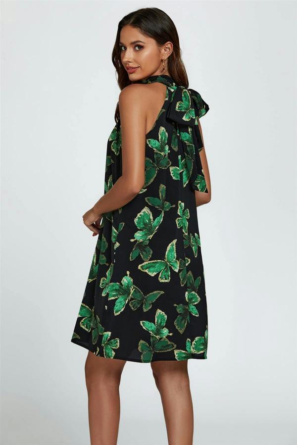 FS Collection Butterfly Print Halter Neck Tie Back Mini Dress In Green
