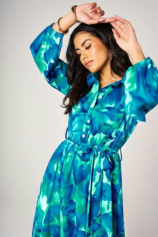 FS Collection Abstract Floral Print Hem Detail Shirt Midi Dress With Tie Waist In Blue