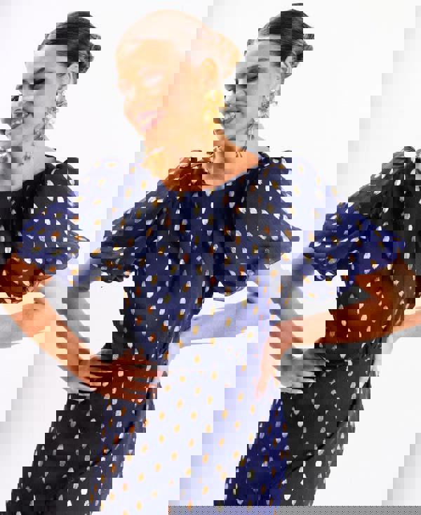 Navy Chiffon Foil Puff Sleeve Midi Dress