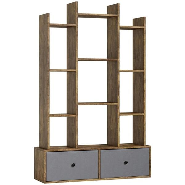 Rustic brown 12-shelf storage unit with open cubbies and two grey drawers at base