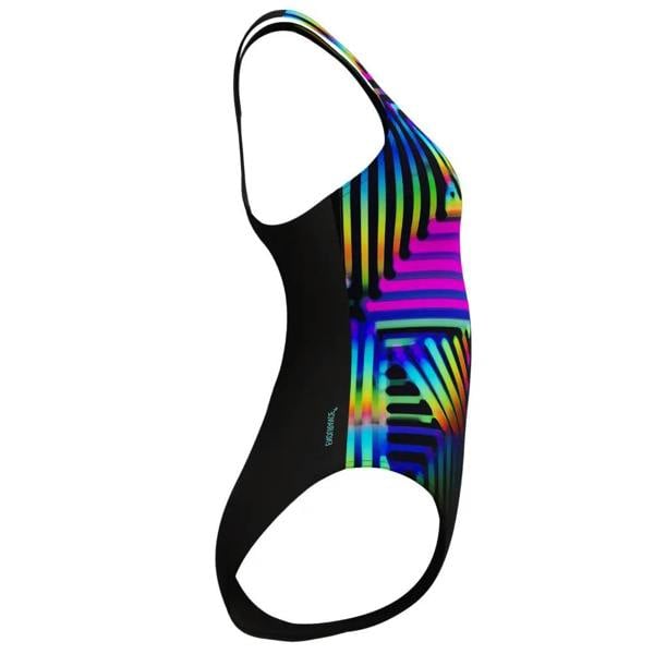 Speedo digital placement medalist black one-piece swimsuit with rainbow tie-dye stripes