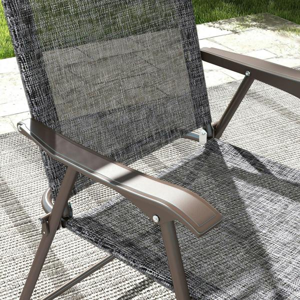 Grey folding garden chair close-up of armrest and mesh seat on metal frame