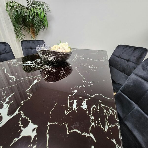 Kosy Koala Dining Table and 4 Chairs Black Marble Effect Glass 4 Velvet Black Chairs Dining Room Furniture