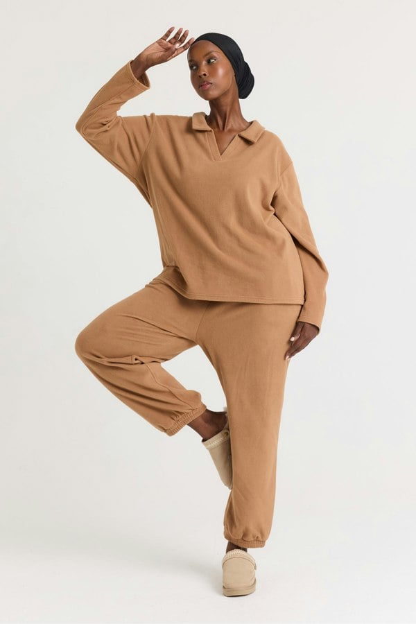Fleece Lounge Set in Tan - Loungewear