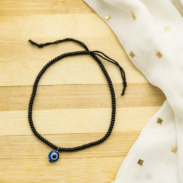 The Colourful Aura Adjustable Black Threaded Bead Blue Evil Eye Indian Nazaria Dangle Anklet