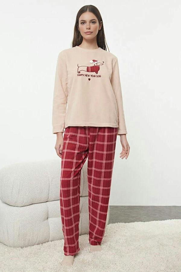 WOVCOR 2-Piece Christmas Themed Polar Fleece Argyle Knit Pajama Set