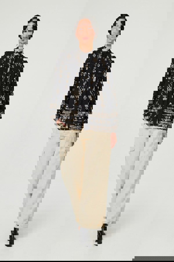 Black | Printed Lace Trim Long Sleeve Blouse
