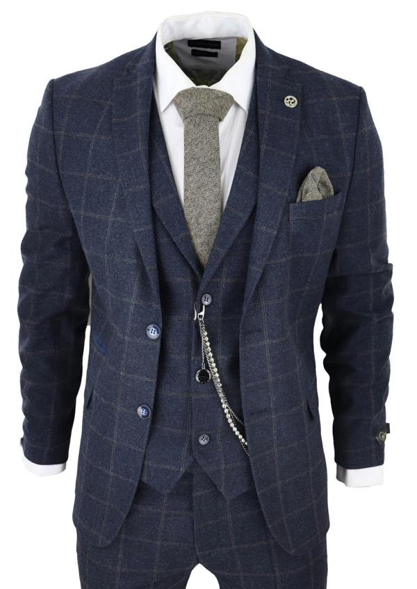 TruClothing Mens 3 Piece Wool Suit Navy Blue Tweed Check Peaky Blinders 1920 Gatsby Formal